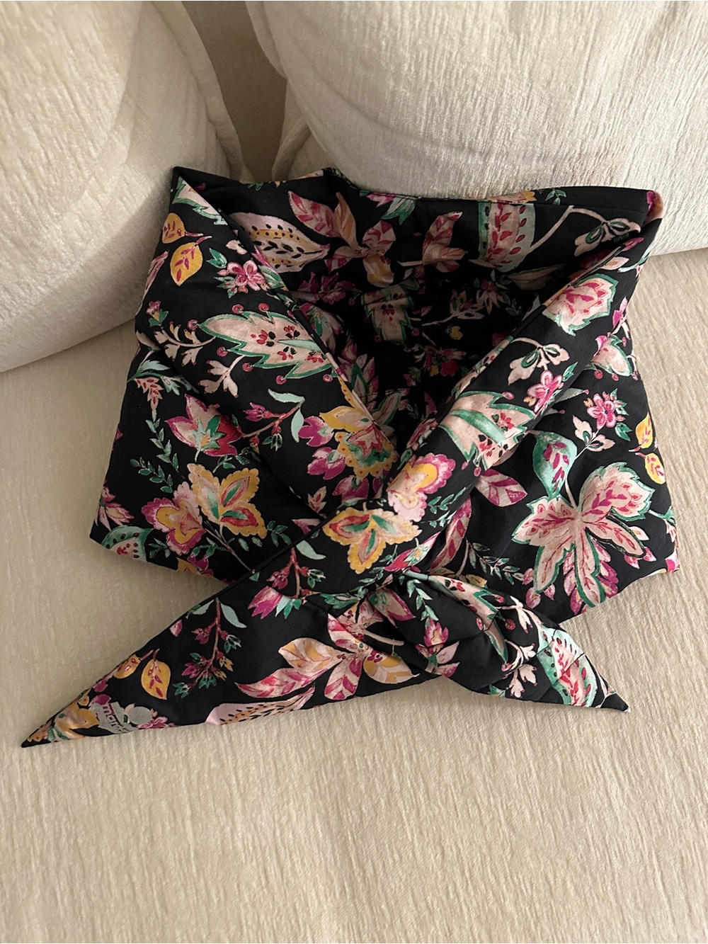 Black Floral Scarf with Pink, Yellow & Green Accents